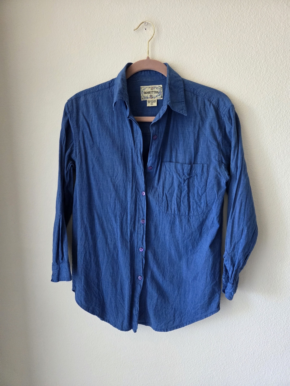 Rosettes Vintage Blue 100% Cotton Woven Button-Up Shirt 3/4 Sleeve Sz S